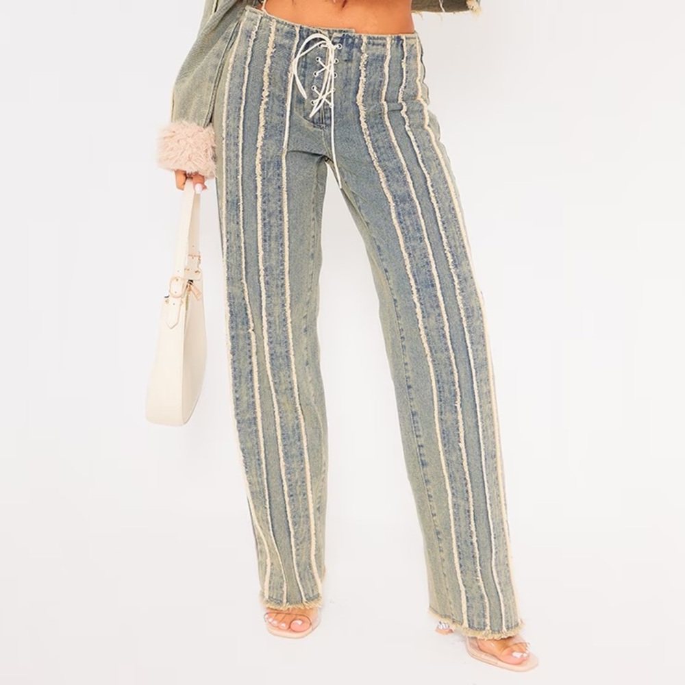 PrettyLittleThing Blue and Cream Striped Straight Leg Jeans